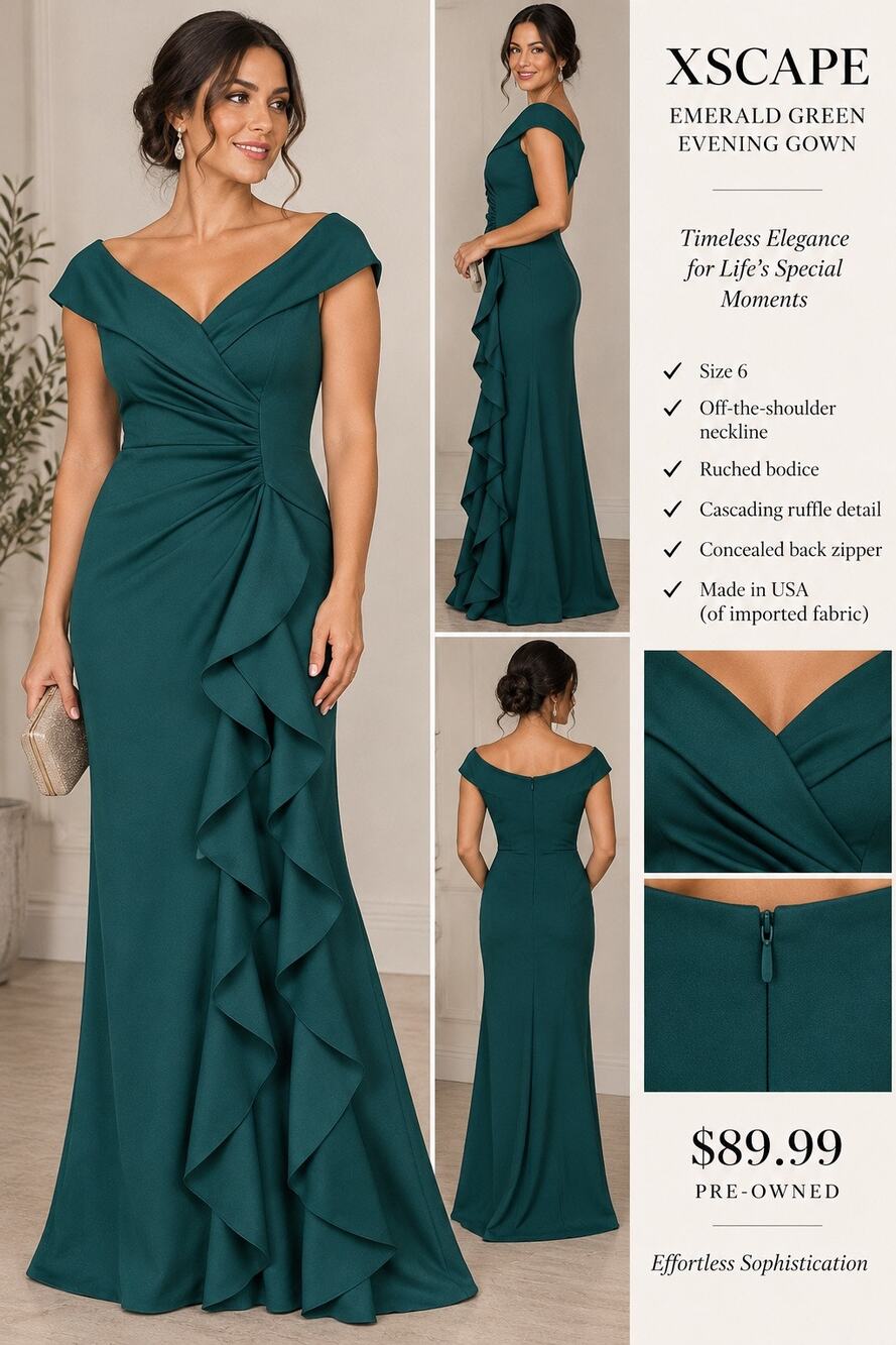 Xscape Size 6 Emerald Green Off Shoulder Ruffle Formal Evening Gown
